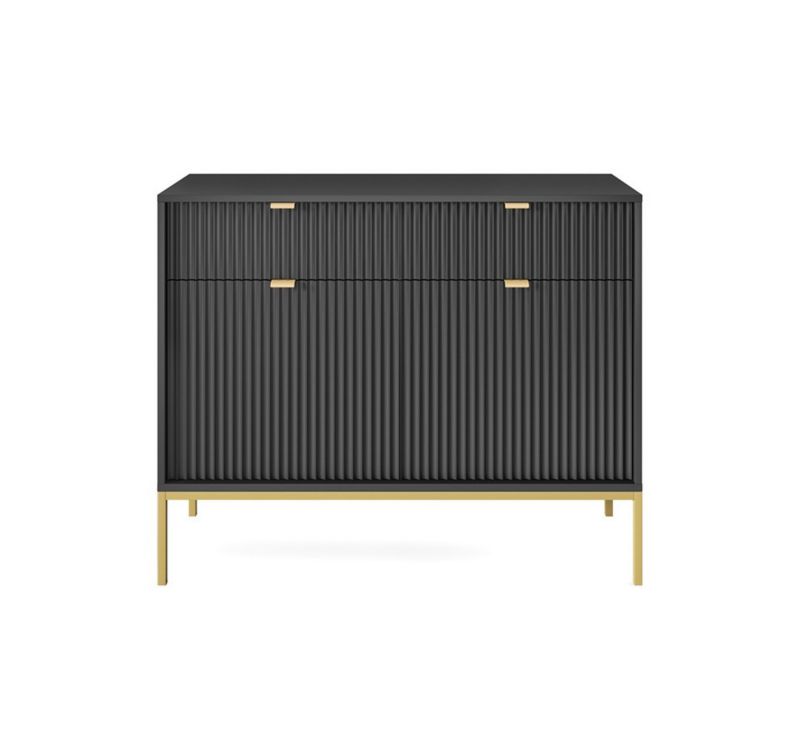 Kommode med to døre og skuffer Bettso Nova 104 cm på guldfarvede ben, sort, 1 stk.