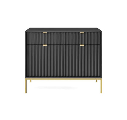 Kommode med to døre og skuffer Bettso Nova 104 cm på guldfarvede ben, sort, 1 stk.