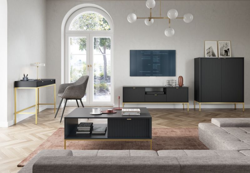 Kommode med to døre og skuffer Bettso Nova 104 cm på guldfarvede ben, sort, 1 stk.