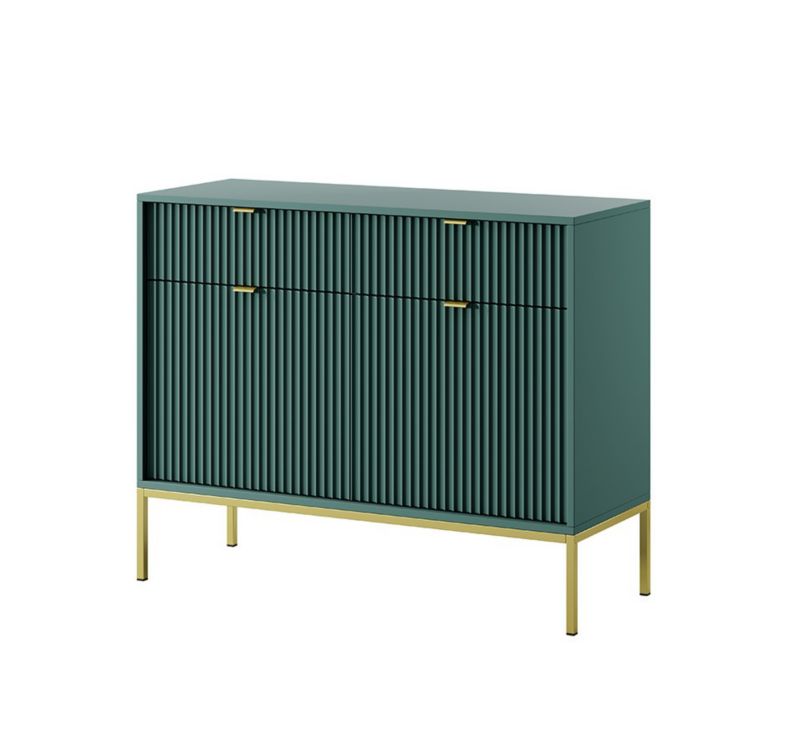 Kommode med to døre og skuffer Bettso Nova 104 cm på gyldne ben med gyldent greb, grøn, 1 stk.