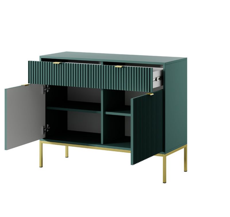 Kommode med to døre og skuffer Bettso Nova 104 cm på gyldne ben med gyldent greb, grøn, 1 stk.
