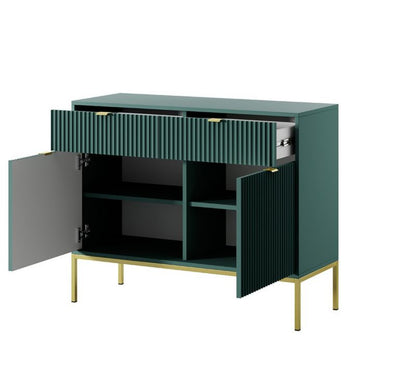 Kommode med to døre og skuffer Bettso Nova 104 cm på gyldne ben med gyldent greb, grøn, 1 stk.