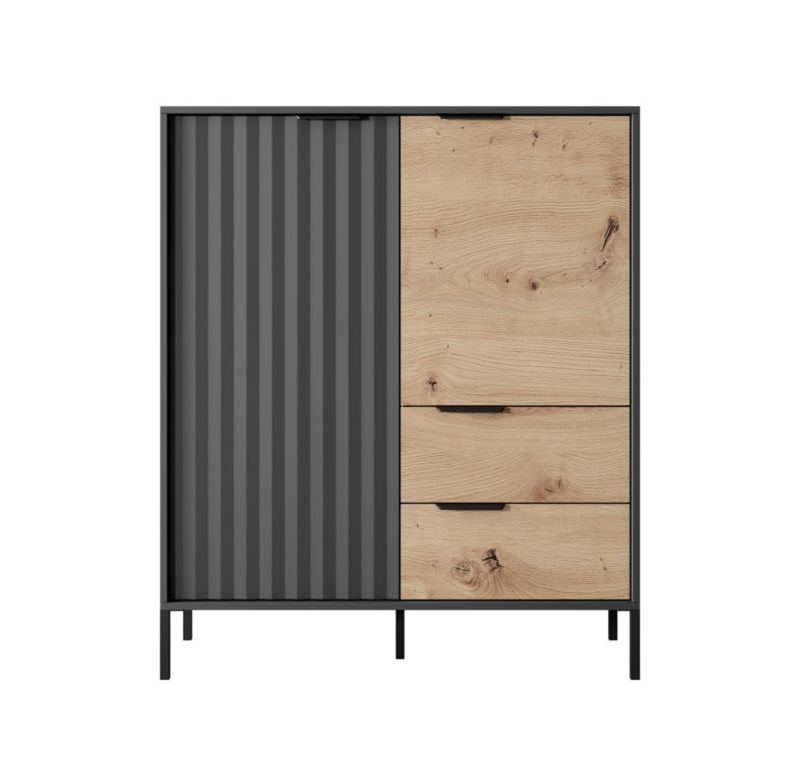 to-dørs kommode med skuffer Bettso Raw 103 cm høj i sort eg artisan, 1 stk.