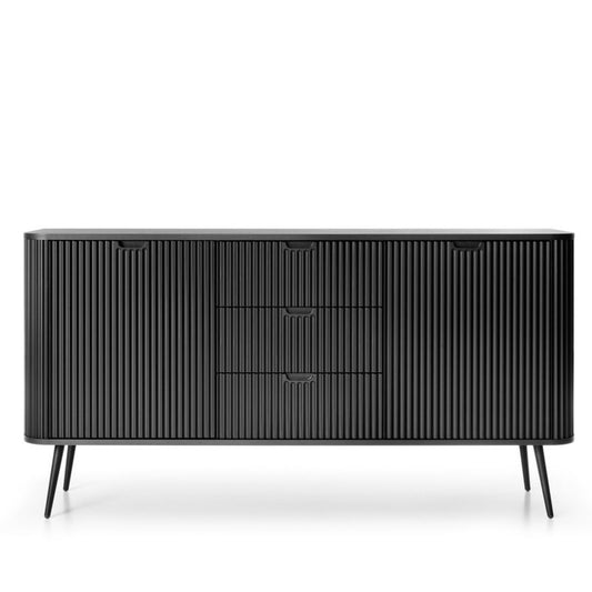 Bred kommode med to døre og skuffer Zova Bettso 168 cm på sorte ben i sort, 1 stk.