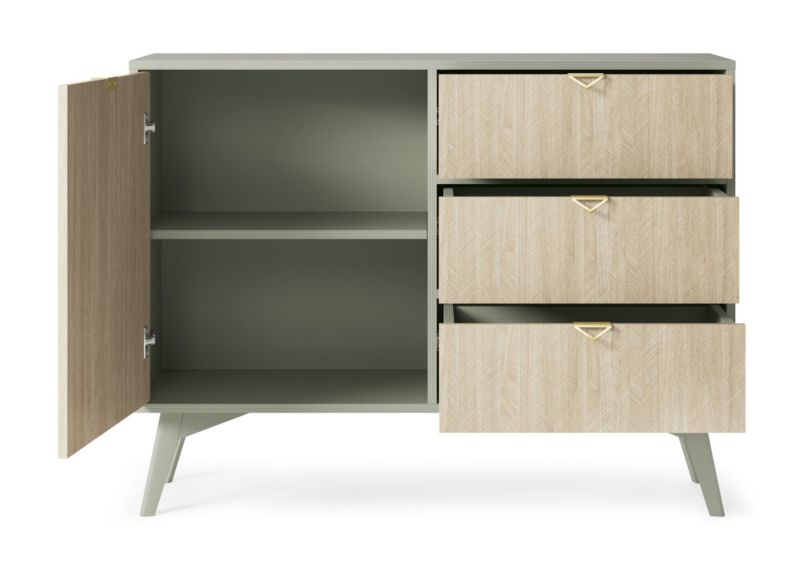 Enkeldørs kommode med skuffer Bettso Firr 106 cm eukalyptus fiskeben skandi 1 stk.