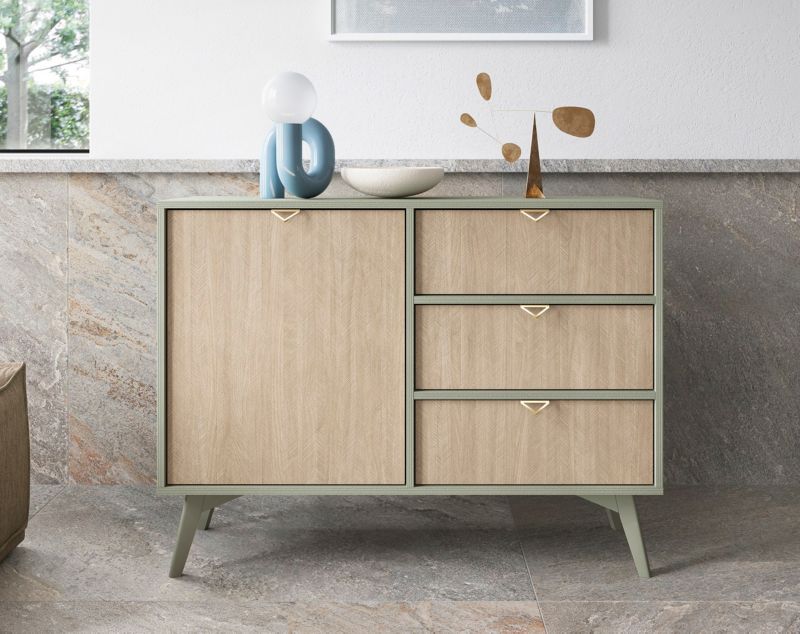 Enkeldørs kommode med skuffer Bettso Firr 106 cm eukalyptus fiskeben skandi 1 stk.