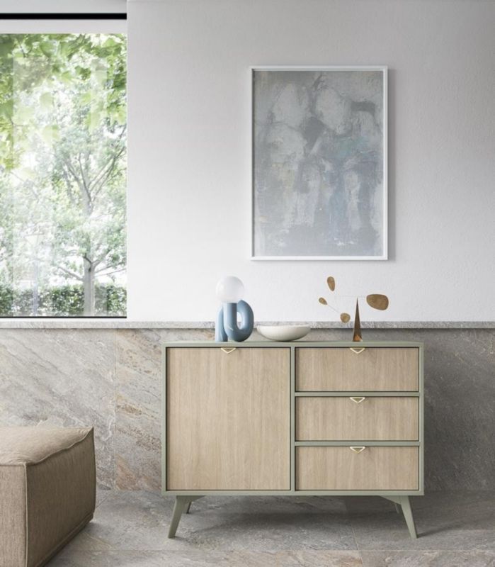 Enkeldørs kommode med skuffer Bettso Firr 106 cm eukalyptus fiskeben skandi 1 stk.