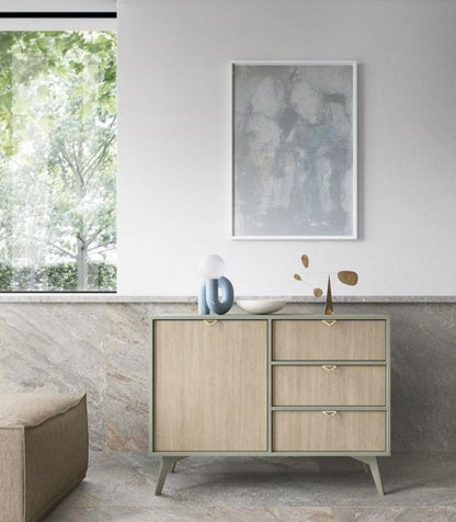 Enkeldørs kommode med skuffer Bettso Firr 106 cm eukalyptus fiskeben skandi 1 stk.