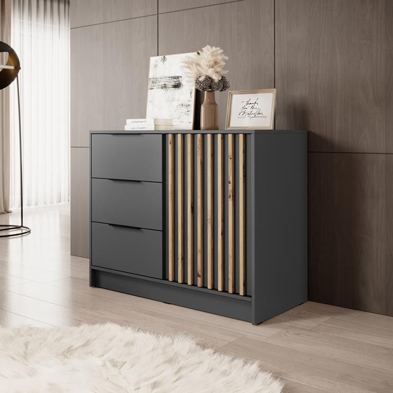 Enkeldørs kommode med skuffer Bettso Nelly 2D med dekorative lameller i grafit, 1 stk.