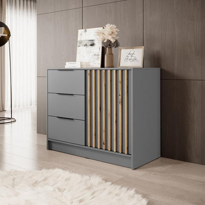 Enkeldørs kommode med tre skuffer Bettso Nelly 2D 105 cm med lamel-front i grå, 1 stk.