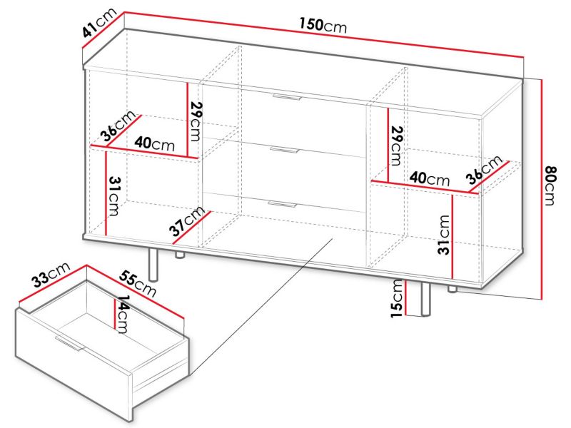 Kommode Nubia K2D3SZ Sort 150x41x80 cm