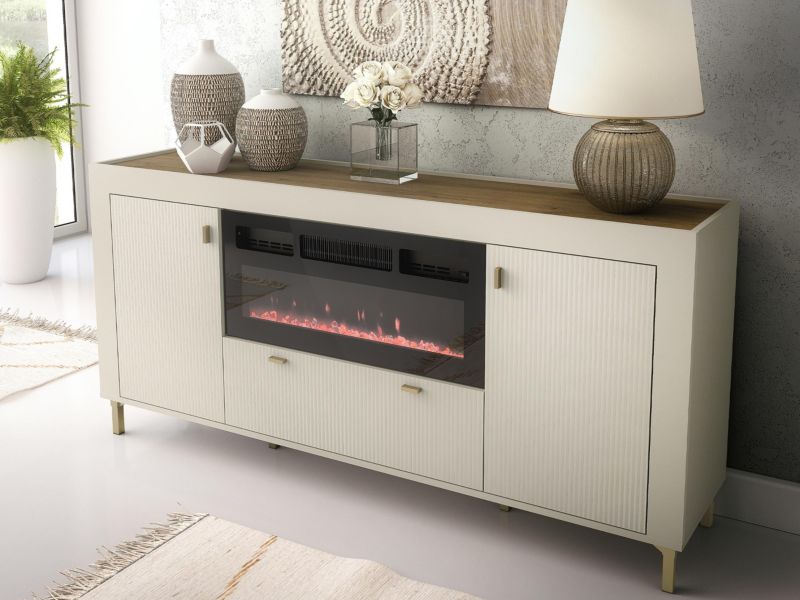 Kommode med Elektrisk Pejs Mossa 2D1S 177x40x84 cm Kasmir/Egetræ Whisky