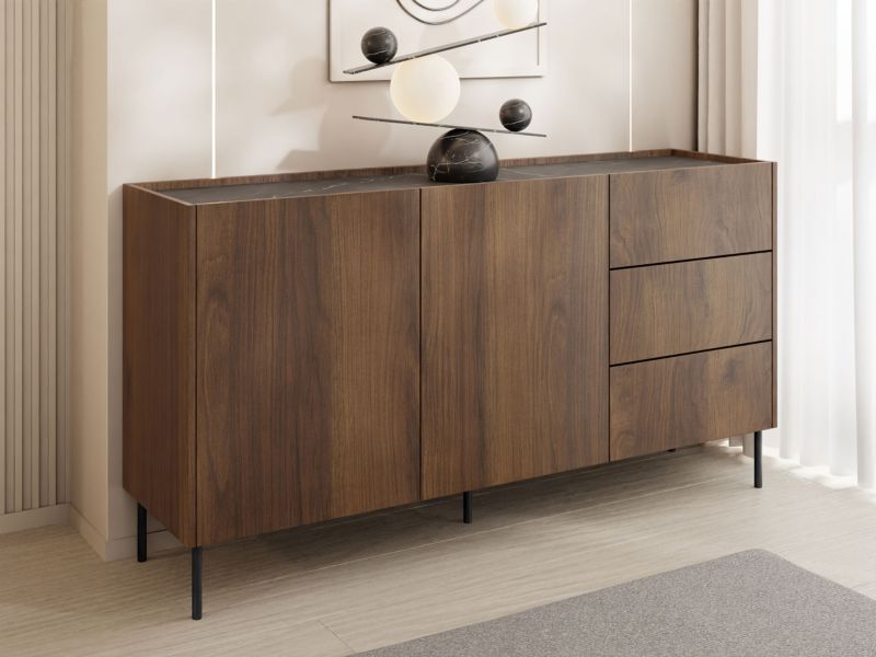 Kommode Tewos K160 3SZ 160 cm Valnød Warmia/Sort Marmor