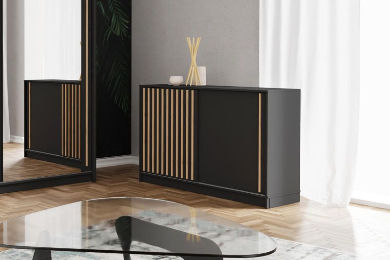 Skydeskænk Bettso Lay 150 cm i stilfuldt design med lameller i wotan-eg sort, 1 stk.