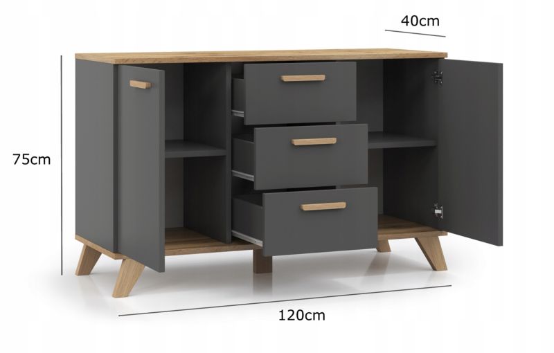 Komoda Scandi Grafit 120 cm 3 Skuffer 2 Låger