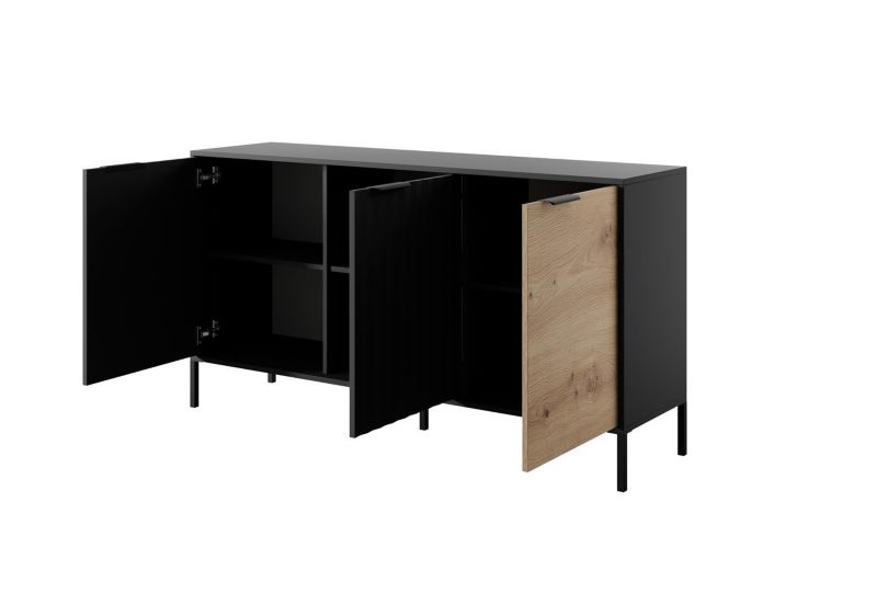 tre-dørs kommode Bettso Raw 153 cm bred i sort eg artisan, 1 stk.