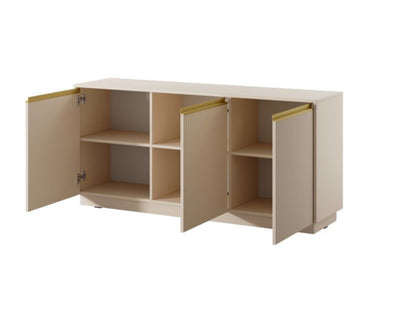 Tre-dørs kommode Bettso Roy 154 cm med rillede fronter i beige, 1 stk.