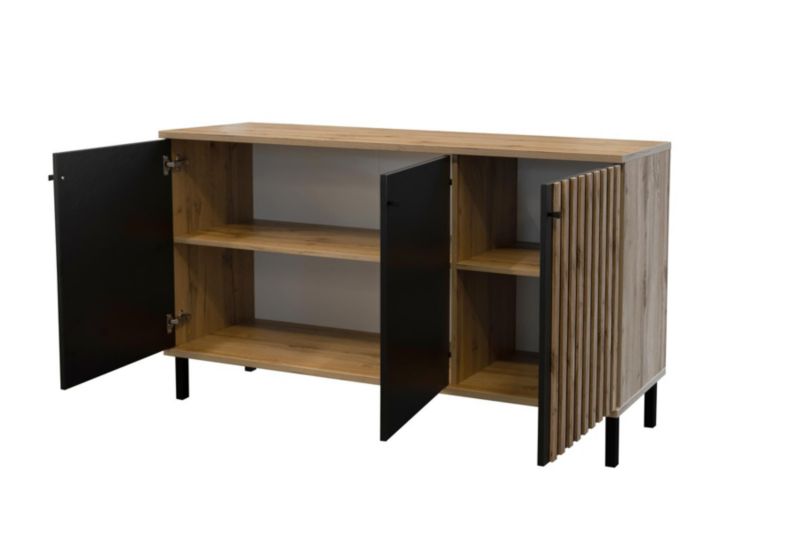 Treskabs kommode med lamel-front Bettso Nevada 150 cm Wotan-eg sort 1 stk.