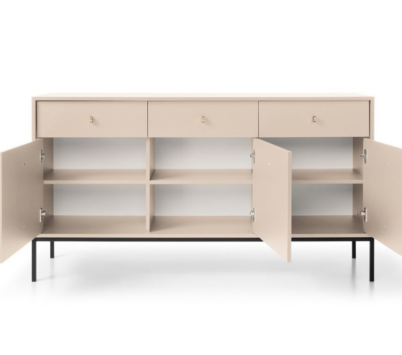 Tre-dørs kommode med skuffer Bettso Molly 154 cm på sort stel i beige, 1 stk.