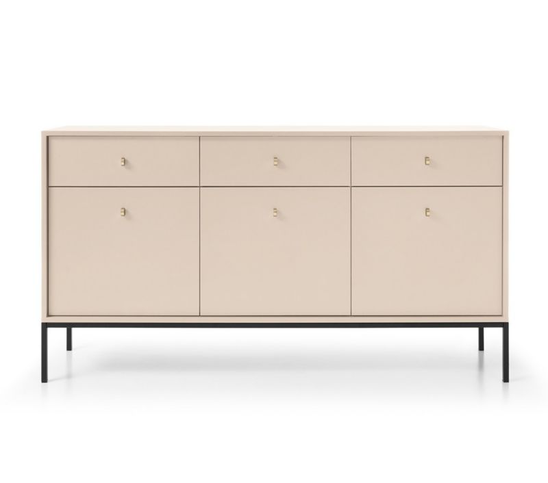 Tre-dørs kommode med skuffer Bettso Molly 154 cm på sort stel i beige, 1 stk.