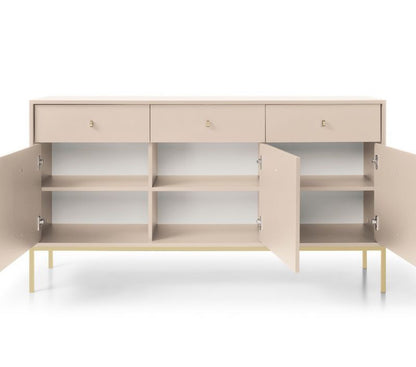 Tre-dørs kommode med skuffer Bettso Molly 154 cm på guldfarvet aluminiumsramme i beige, 1 stk.