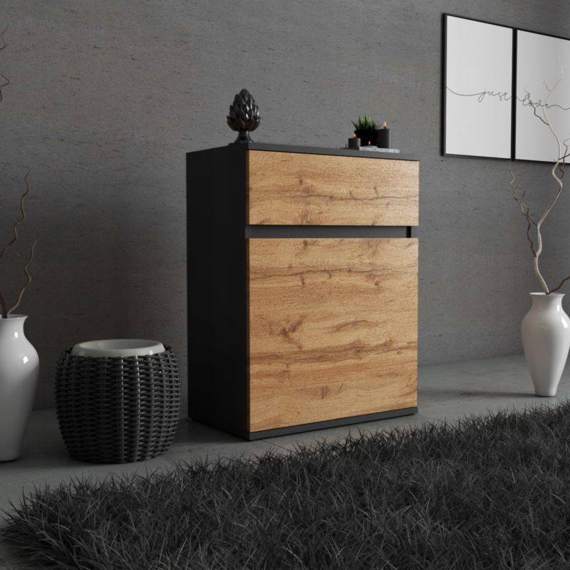 Kommode med 1 Skuffe Sort Mat / Wotan Eg 60x35x78 cm