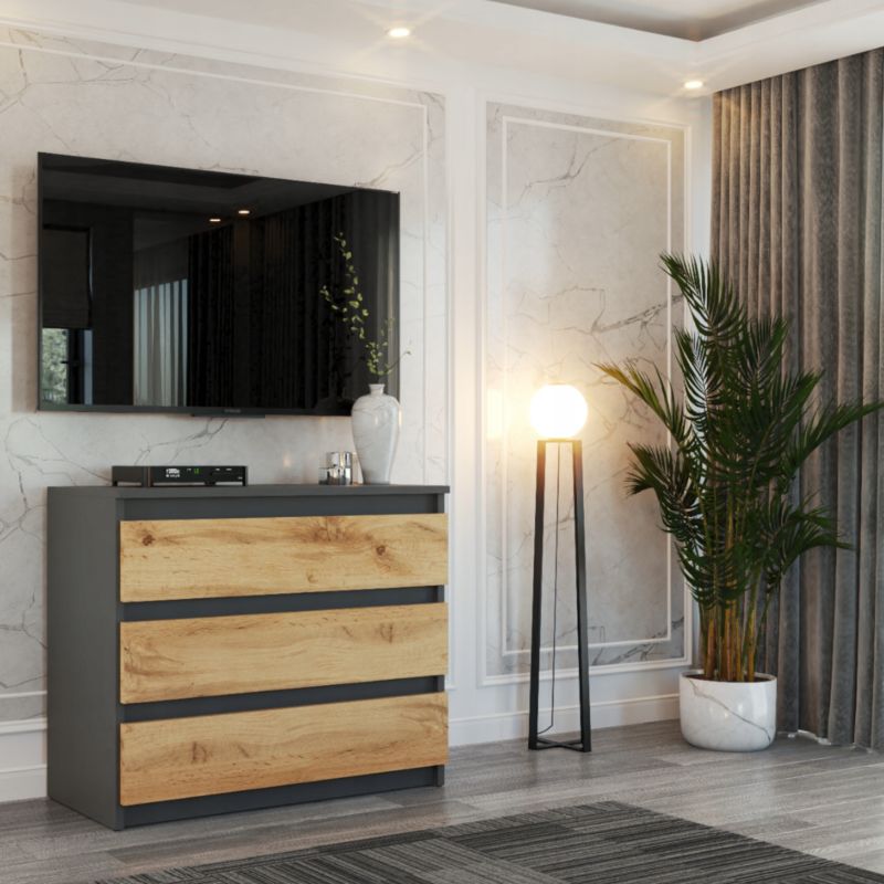 Kommode med 3 Skuffer 80x33,5x71,5 cm Grå Mat / Eg Wotan