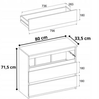 Kommode med 3 Skuffer 80x33,5x71,5 cm Grå Mat / Eg Wotan