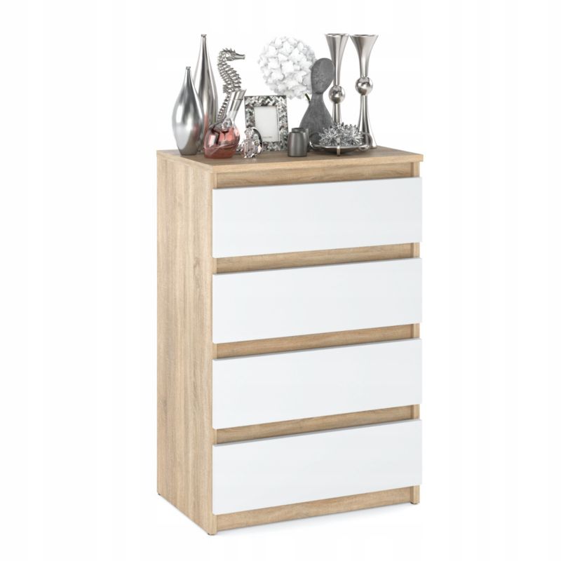 Kommode med 4 Skuffer Egetræ Sonoma Hvid Mat 60x33,5x92,5 cm