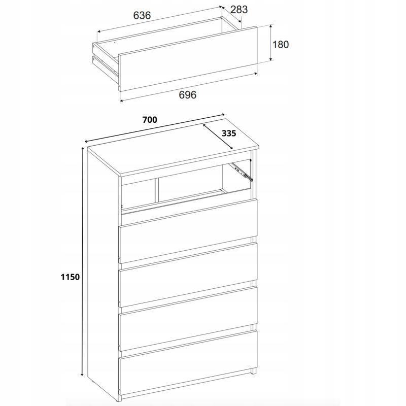 Kommode Med 5 Skuffer Hvid Mat 70x33,5x115 Cm