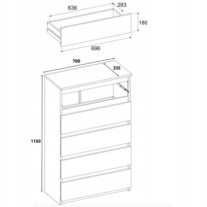 Kommode Med 5 Skuffer Hvid Mat 70x33,5x115 Cm