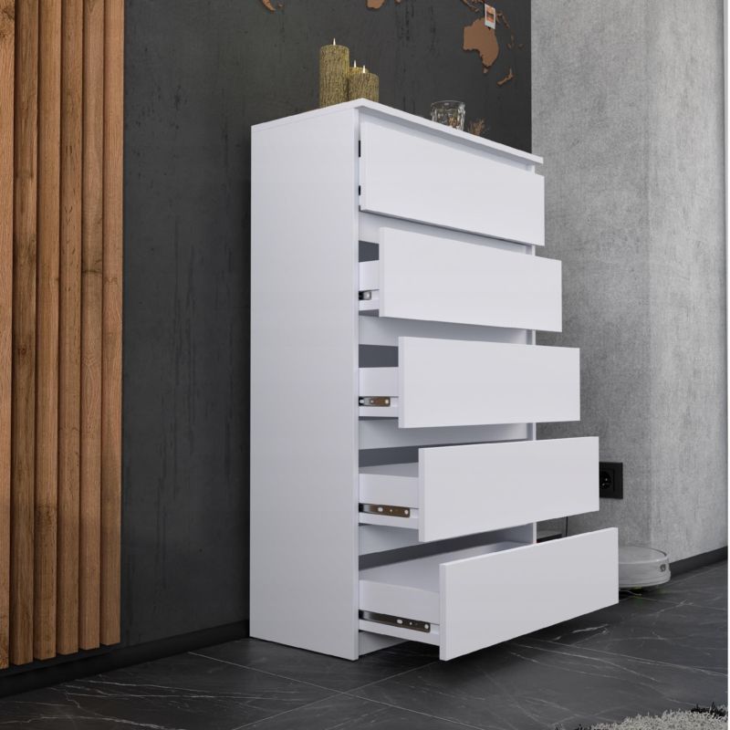 Kommode Med 5 Skuffer Hvid Mat 70x33,5x115 Cm