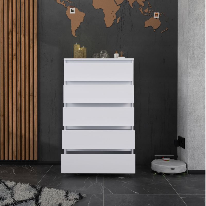 Kommode Med 5 Skuffer Hvid Mat 70x33,5x115 Cm