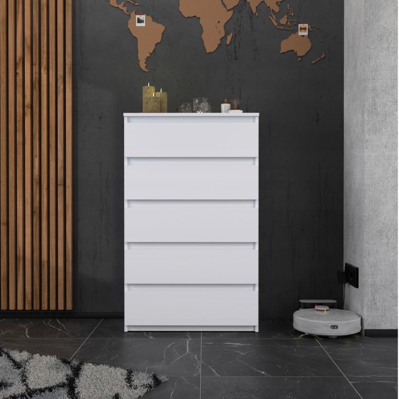 Kommode Med 5 Skuffer Hvid Mat 70x33,5x115 Cm