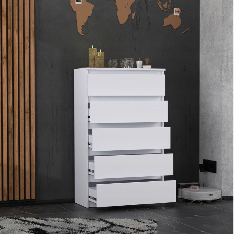 Kommode Med 5 Skuffer Hvid Mat 70x33,5x115 Cm