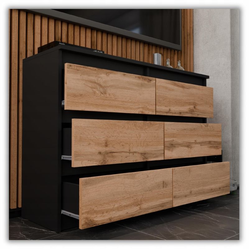 Kommode med 6 Skuffer Sort Mat Eg Wotan 100x33,5x71,5 cm