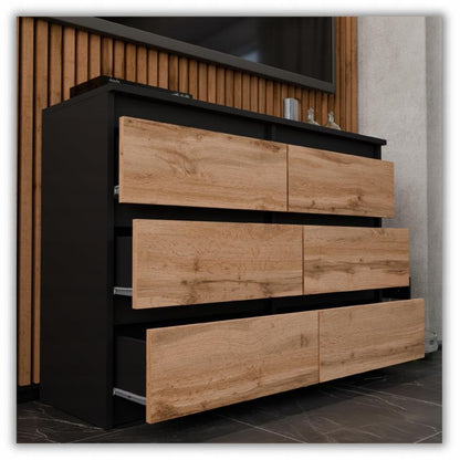 Kommode med 6 Skuffer Sort Mat Eg Wotan 100x33,5x71,5 cm