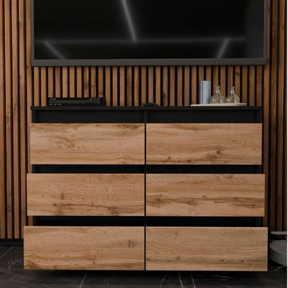 Kommode med 6 Skuffer Sort Mat Eg Wotan 100x33,5x71,5 cm