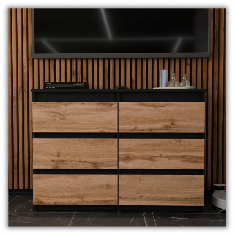 Kommode med 6 Skuffer Sort Mat Eg Wotan 100x33,5x71,5 cm