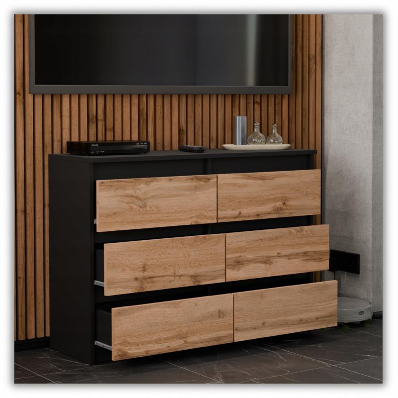 Kommode med 6 Skuffer Sort Mat Eg Wotan 100x33,5x71,5 cm