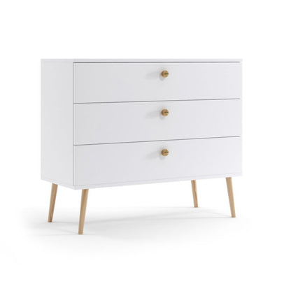 Kommode med skuffer Bettso Ikon 100 cm med snorhåndtag på høje ben i hvid eg, 1 stk.