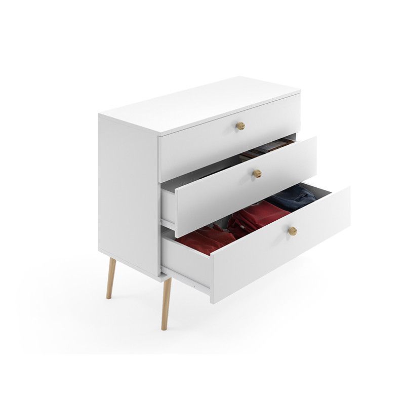 Kommode med skuffer Bettso Ikon 100 cm med snorhåndtag på høje ben i hvid eg, 1 stk.