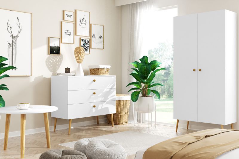 Kommode med skuffer Bettso Ikon 100 cm med snorhåndtag på høje ben i hvid eg, 1 stk.