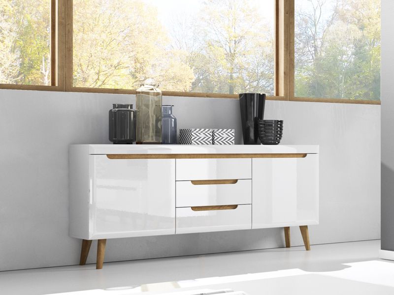 Kommode med skuffer Bettso Nodis 187 cm til stuen i hvid højglans, 1 stk.