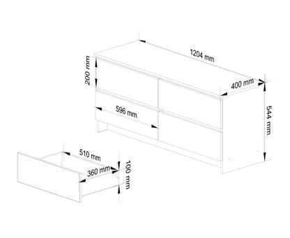 Komode K120 120x40x55 cm 4 Skuffer Hvid Mat