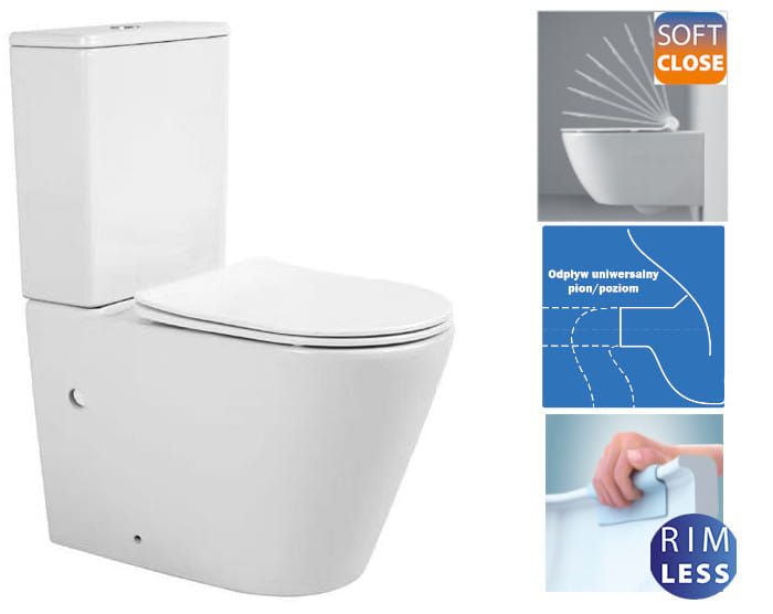 Kompakt Toilet Rimless 81,5x38,5x63 cm med Slim Soft Close Sæde