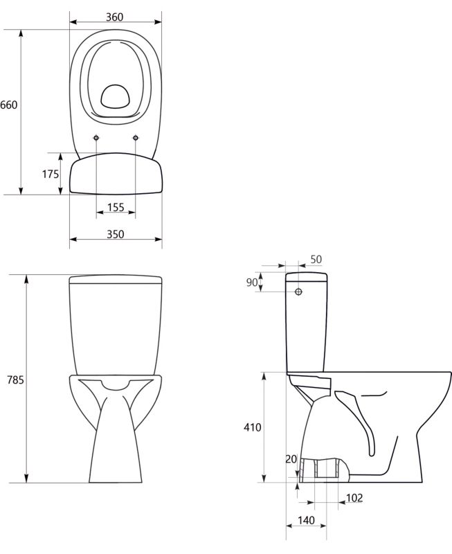 Kompakt toilet Kamori uden forkant med duroplastsæde lodret udløb hvid