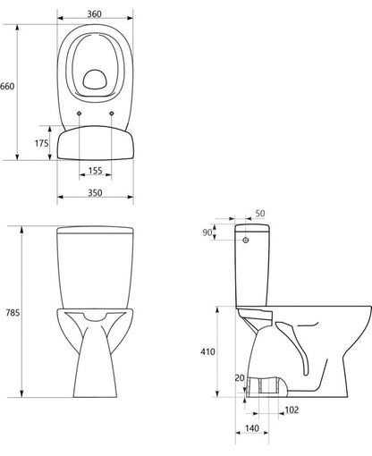 Kompakt toilet Kamori uden forkant med duroplastsæde lodret udløb hvid