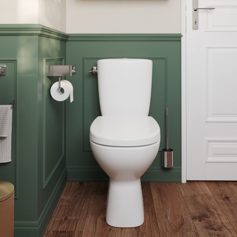 Kompakt toilet Kamori uden forkant med duroplastsæde lodret udløb hvid