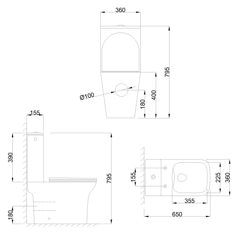 Kompakt Toilet Firkantet Uden Skyllekant Hvid Højglans 65x36 cm